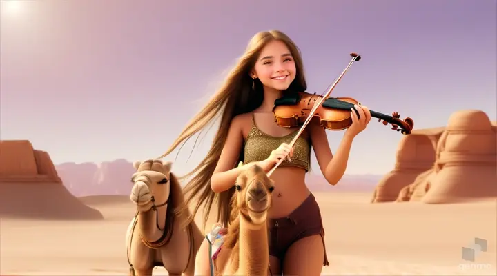 A young and beautiful girl with long hair, the girl smiles and plays the violin in a desert oasis, with a cute camel next to the girl