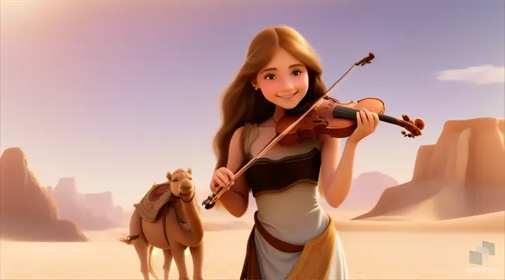 A young and beautiful girl with long hair, the girl smiles and plays the violin in a desert oasis, with a cute camel next to the girl