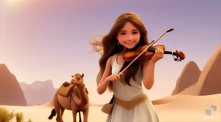 A young and beautiful girl with long hair, the girl smiles and plays the violin in a desert oasis, with a cute camel next to the girl