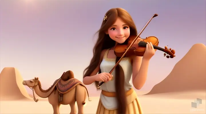 A young and beautiful girl with long hair, the girl smiles and plays the violin in a desert oasis, with a cute camel next to the girl
