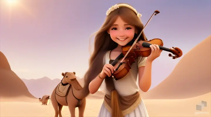 A young and beautiful girl with long hair, the girl smiles and plays the violin in a desert oasis, with a cute camel next to the girl