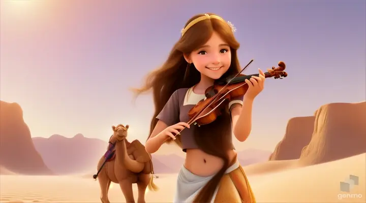 A young and beautiful girl with long hair, the girl smiles and plays the violin in a desert oasis, with a cute camel next to the girl