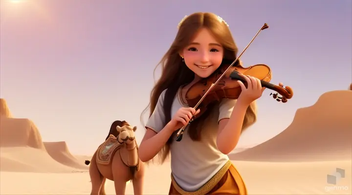 A young and beautiful girl with long hair, the girl smiles and plays the violin in a desert oasis, with a cute camel next to the girl