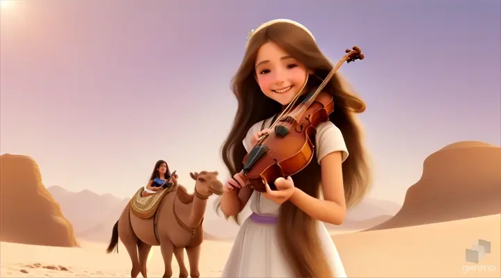 A young and beautiful girl with long hair, the girl smiles and plays the violin in a desert oasis, with a cute camel next to the girl