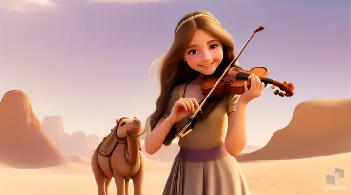 A young and beautiful girl with long hair, the girl smiles and plays the violin in a desert oasis, with a cute camel next to the girl