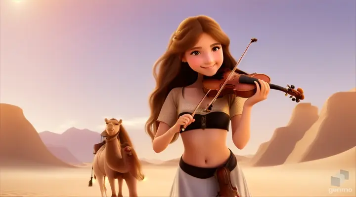 A young and beautiful girl with long hair, the girl smiles and plays the violin in a desert oasis, with a cute camel next to the girl