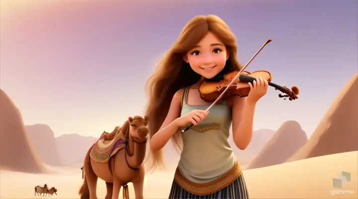 A young and beautiful girl with long hair, the girl smiles and plays the violin in a desert oasis, with a cute camel next to the girl