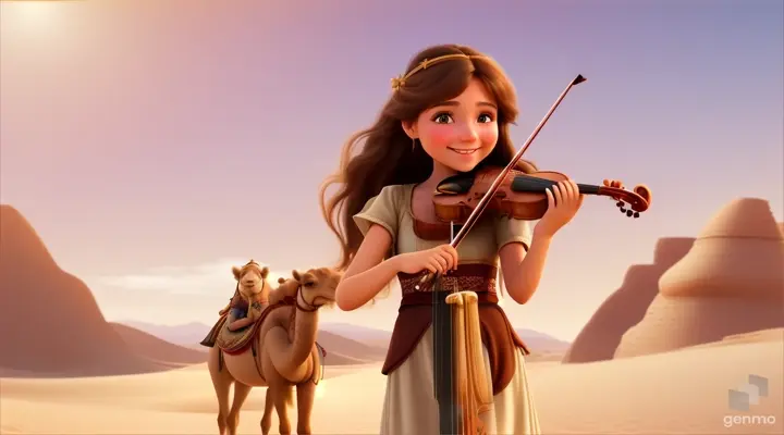 A young and beautiful girl with long hair, the girl smiles and plays the violin in a desert oasis, with a cute camel next to the girl