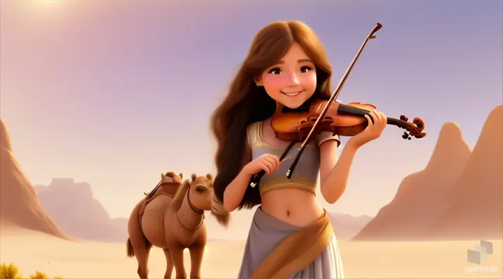 A young and beautiful girl with long hair, the girl smiles and plays the violin in a desert oasis, with a cute camel next to the girl