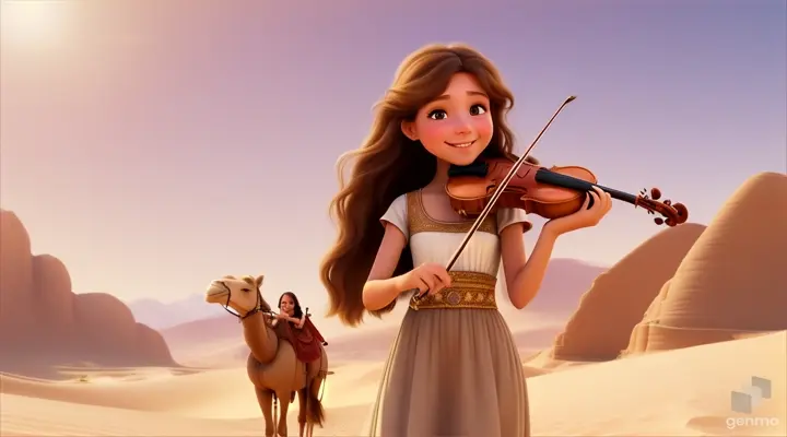 A young and beautiful girl with long hair, the girl smiles and plays the violin in a desert oasis, with a cute camel next to the girl