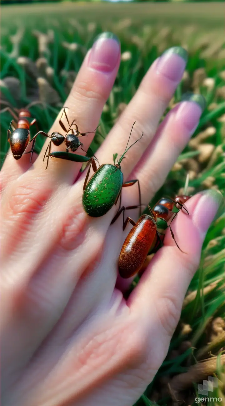 a hand full of ants in a field of grass