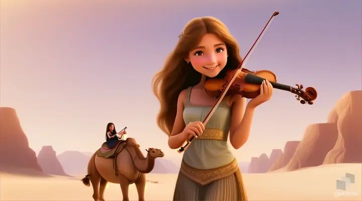 A young and beautiful girl with long hair, the girl smiles and plays the violin in a desert oasis, with a cute camel next to the girl