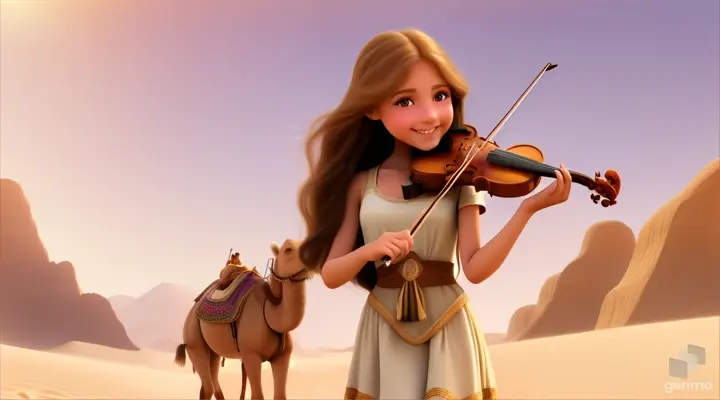 A young and beautiful girl with long hair, the girl smiles and plays the violin in a desert oasis, with a cute camel next to the girl