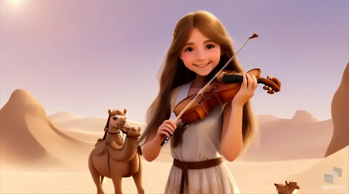 A young and beautiful girl with long hair, the girl smiles and plays the violin in a desert oasis, with a cute camel next to the girl