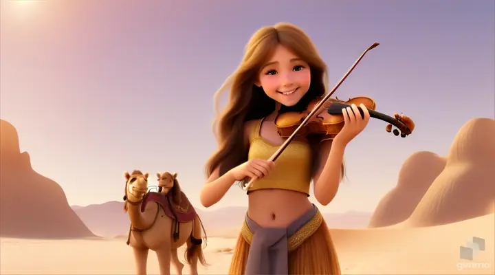 A young and beautiful girl with long hair, the girl smiles and plays the violin in a desert oasis, with a cute camel next to the girl
