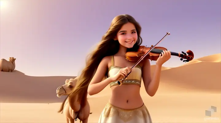A young and beautiful girl with long hair, the girl smiles and plays the violin in a desert oasis, with a cute camel next to the girl