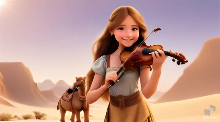 A young and beautiful girl with long hair, the girl smiles and plays the violin in a desert oasis, with a cute camel next to the girl