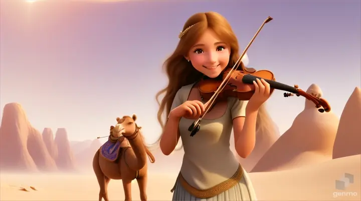 A young and beautiful girl with long hair, the girl smiles and plays the violin in a desert oasis, with a cute camel next to the girl