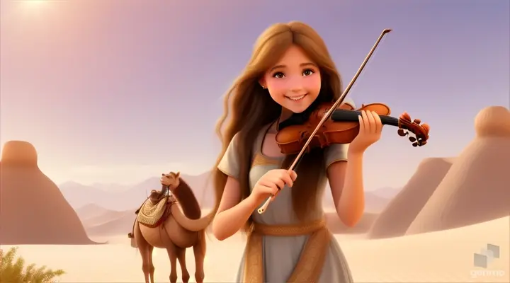A young and beautiful girl with long hair, the girl smiles and plays the violin in a desert oasis, with a cute camel next to the girl