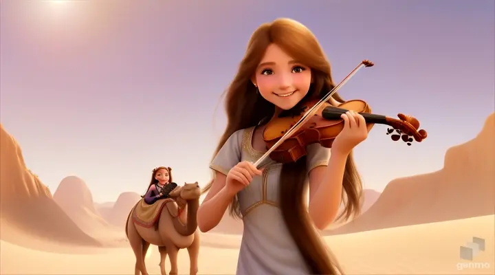 A young and beautiful girl with long hair, the girl smiles and plays the violin in a desert oasis, with a cute camel next to the girl