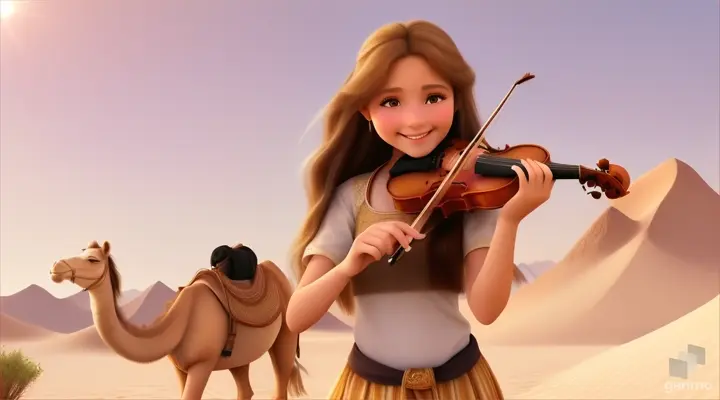 A young and beautiful girl with long hair, the girl smiles and plays the violin in a desert oasis, with a cute camel next to the girl