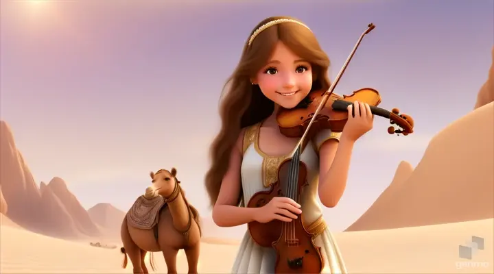 A young and beautiful girl with long hair, the girl smiles and plays the violin in a desert oasis, with a cute camel next to the girl