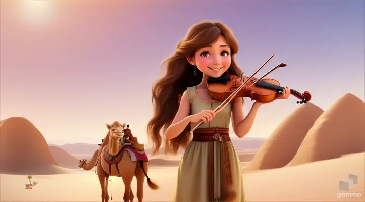 A young and beautiful girl with long hair, the girl smiles and plays the violin in a desert oasis, with a cute camel next to the girl