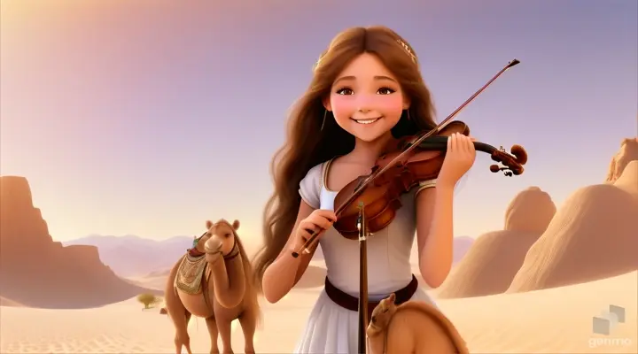 A young and beautiful girl with long hair, the girl smiles and plays the violin in a desert oasis, with a cute camel next to the girl