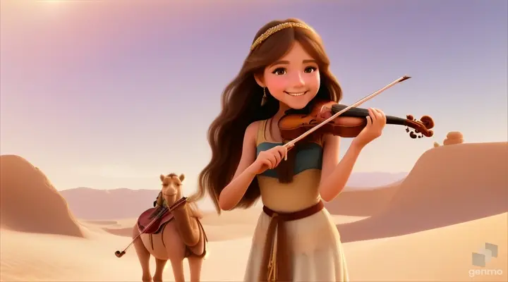 A young and beautiful girl with long hair, the girl smiles and plays the violin in a desert oasis, with a cute camel next to the girl