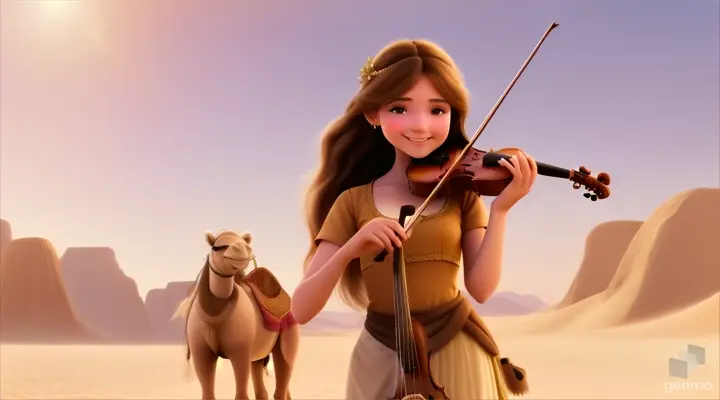 A young and beautiful girl with long hair, the girl smiles and plays the violin in a desert oasis, with a cute camel next to the girl