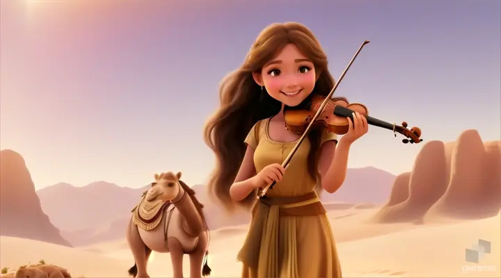 A young and beautiful girl with long hair, the girl smiles and plays the violin in a desert oasis, with a cute camel next to the girl