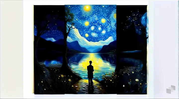 a painting of a man standing in front of a lake
