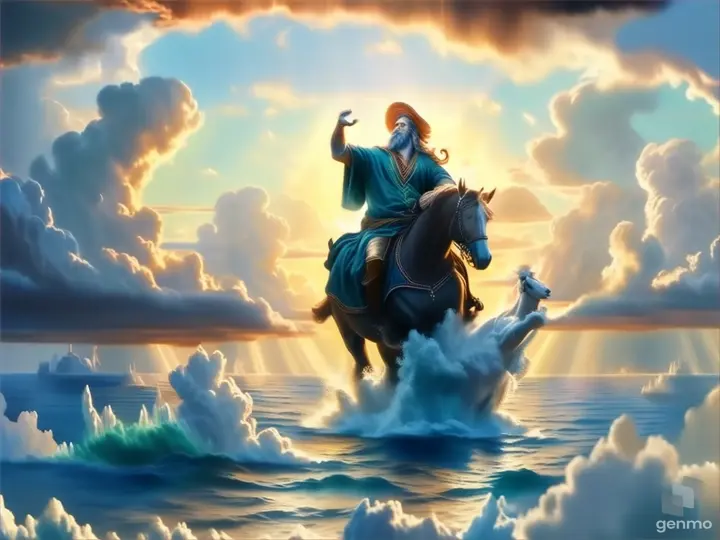 a painting of a person on a horse in the middle of the ocean