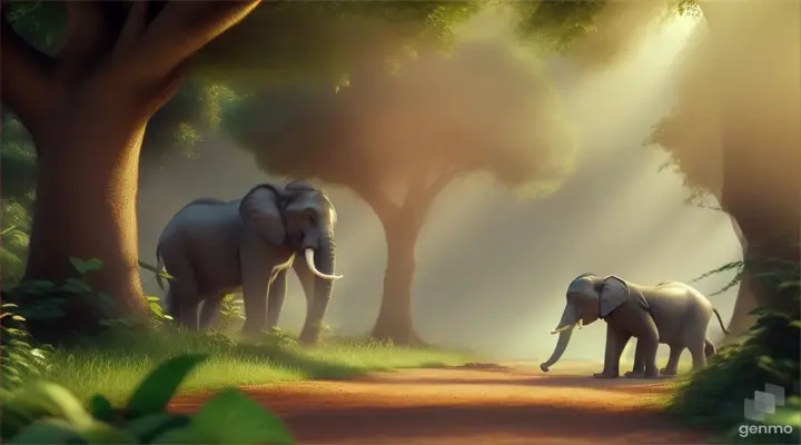 The monkey started searching for gold again. This time the monkey searched for the treasure hidden under the trees. The elephant.