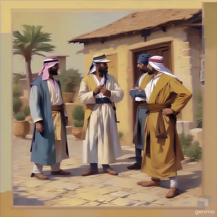 a painting of three men talking to each other