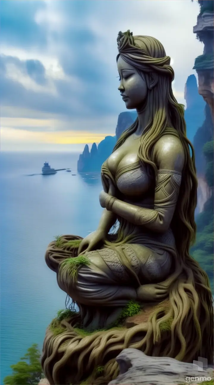 a woman sitting on top of a cliff next to a body of water patung wanita tetap gambar bergerak mundur 