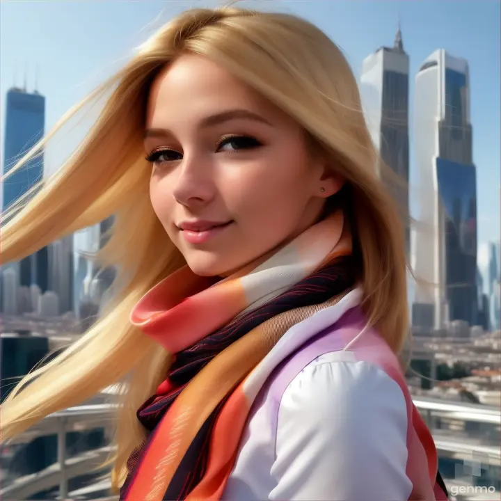 lively natural European girl opens/closes her eyes, her blonde hair fluttering in the wind and a silky scarf, a high-tech cityscape with skyscrapers is visible on the horizon