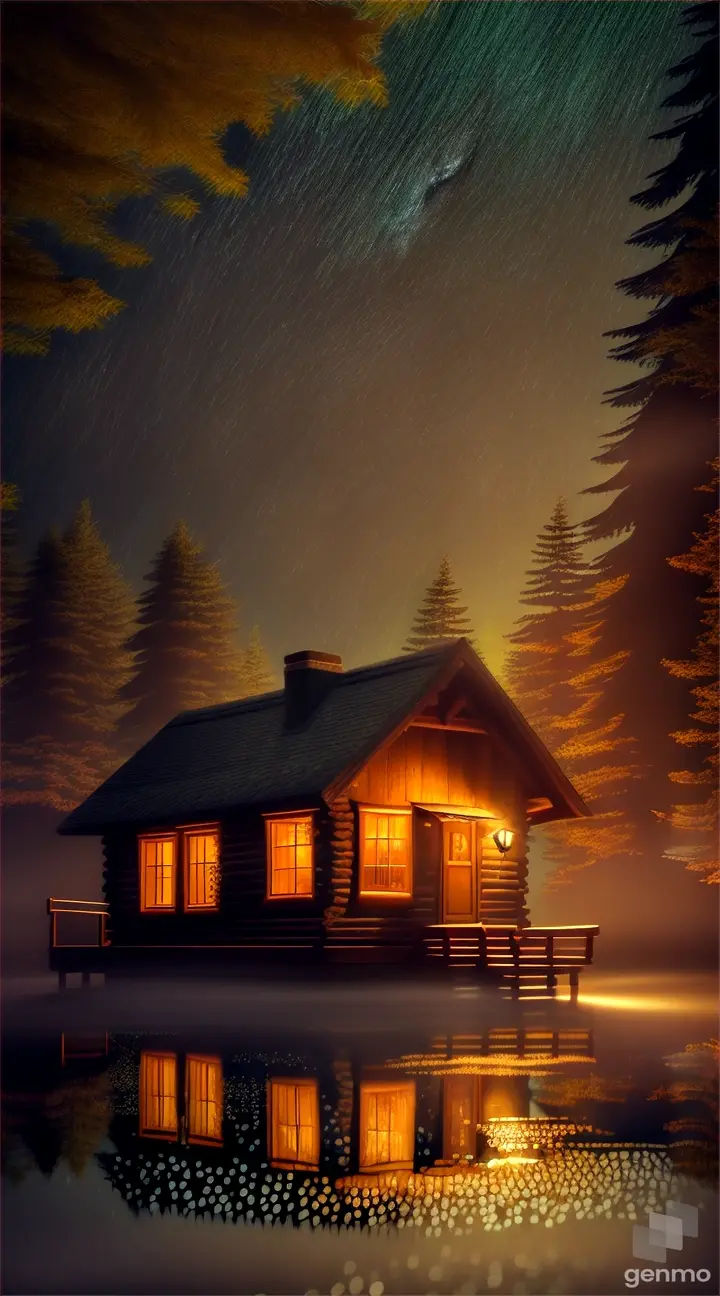 A cozy cabin in woods, surrounded by fireflies on a starry night with full moon