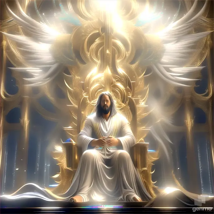a painting of jesus sitting on a golden throne