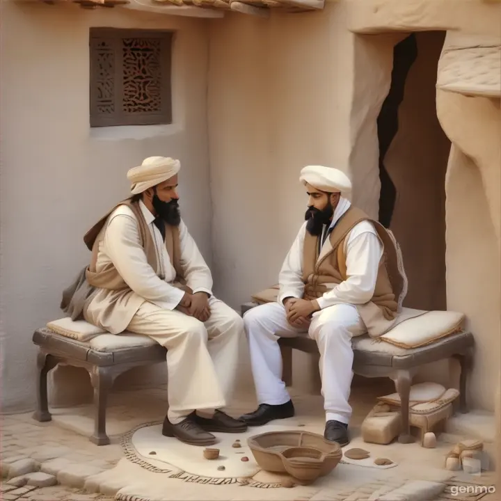 two men sitting on a bench in a courtyard