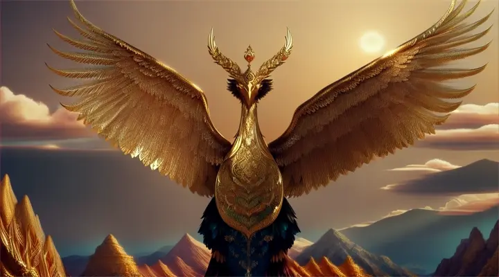 Simurgh: "Imagine a breathtaking scene featuring the mythical Simurgh from Persian mythology. This majestic bird combines elements of peacocks and dragons, with shimmering feathers that glisten in shades of copper and gold. It spreads its vast, opulent wings beneath the celestial sky, perched gracefully atop the Tree of Life. The landscape around the Simurgh is lush and verdant, reflecting its role as a guardian of nature. This creature's wise and benevolent eyes survey the world below, imparting a sense of peace and wisdom. The background is a vivid tapestry of enchanted forests and mystical mountains, enhancing the Simurgh’s ethereal presence."
