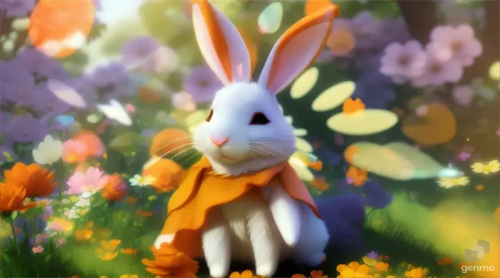 3d animated colorful cartoon image white rabbit wearing orange shrug is  curled up asleep, snoring with a smile. Flowers and butterflies surround him peacefully as the sun shines through the trees.