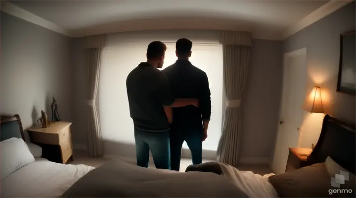 Two men enter the bedroom, terrifying cinematic scene, faded colors, 3D