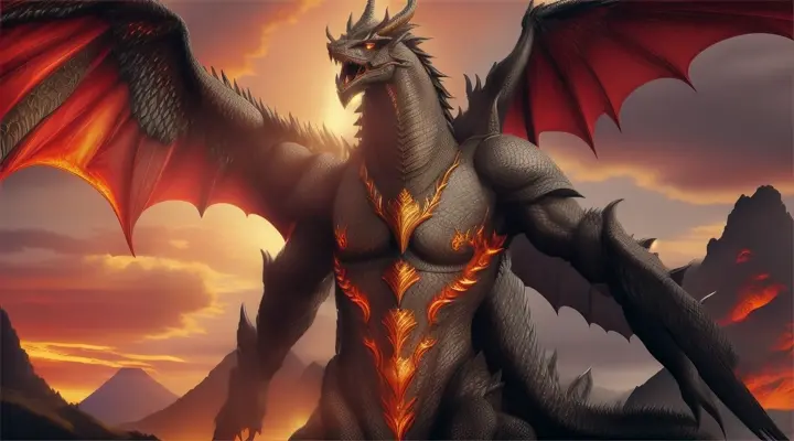 2a. Envision Aži Dahāka, also known as Zahhak, from Persian mythology as a formidable dragon with a mythical aura. This dragon has three heads, each displaying an intelligent and cunning expression, set against a dramatic landscape of volcanic mountains under a fiery sky. The middle head is slightly larger, centrally located with a regal demeanor. The landscape is surreal and majestic, emphasizing the dragon's mythic stature without the display of violence. The atmosphere is filled with a mystical fog rather than smoke, highlighting the dragon’s enigmatic presence in Persian lore. 
