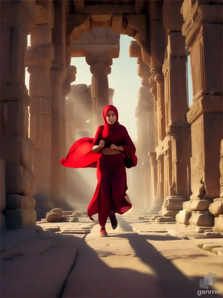 Woman in red hijab running in a temple