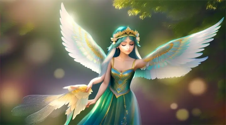 Peri: "Depict a serene and beautiful Peri from Persian mythology, floating gracefully in a bright, enchanted forest. This angelic being has delicate, iridescent wings that shimmer in the sunlight filtering through the trees. The Peri's attire is ethereal, made of light fabrics that flutter gently in the breeze, and her expression is one of kindness and wisdom. Around her, small animals and birds appear unafraid, drawn to her purity and goodness. The scene is peaceful, with vibrant flowers and soft, dappled light creating a sense of hope and tranquility."