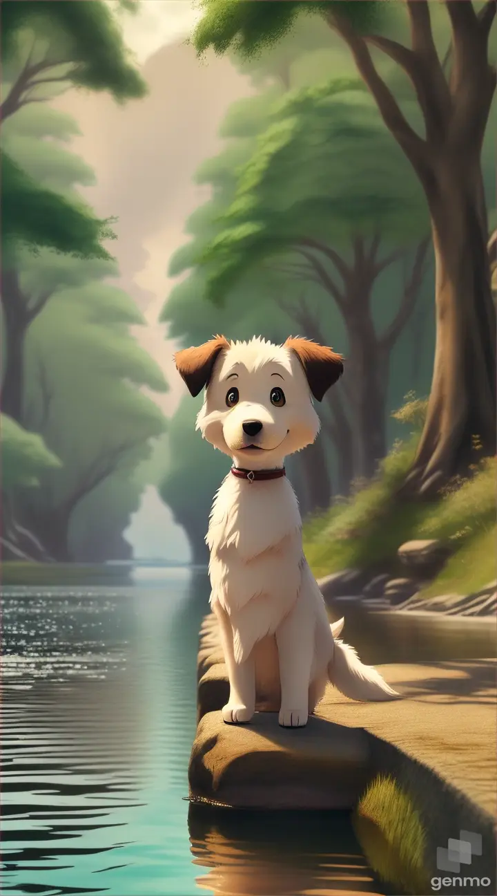 AN ANIMATED HUNGRY CUTE LITTLE  SAD DOG , STANDING NEAR A RIVER