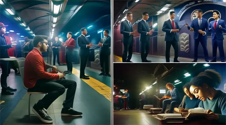 A montage of characters facing challenges: a musician busking in the subway, an entrepreneur pitching their idea to investors, a student studying late into the night.