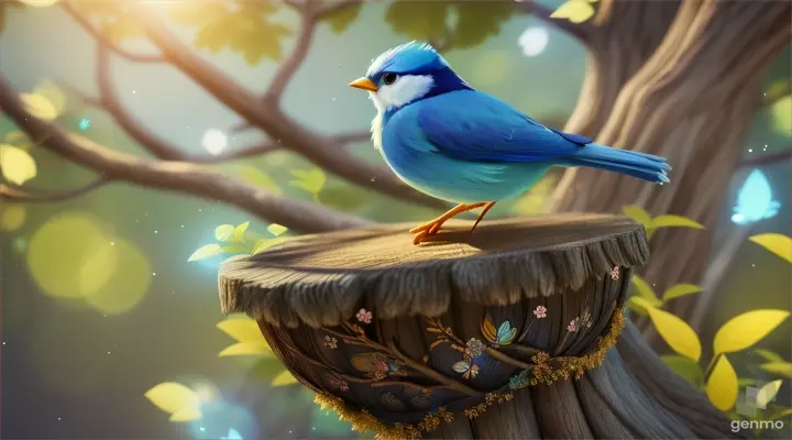 a blue bird named sari that is on a tree, is making a nest in a tall tree( anime, cartoons,light effect,cute,lighting is smooth,in 3d animation ) carefully he chooses small twigs and grasses to make his nest