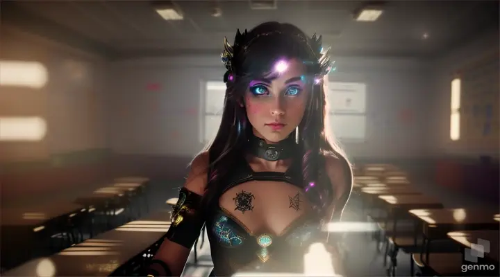 As the camera pans through the classroom, the bokeh magic of the lights creates a dreamlike atmosphere. In the center of the room stands a nerds goddess, her glowing eyes adding a touch of mystery to her already intriguing presence. The toxic punk runes on her skin seem to come to life, their intricate details adding to the overall cinematic feel of 
